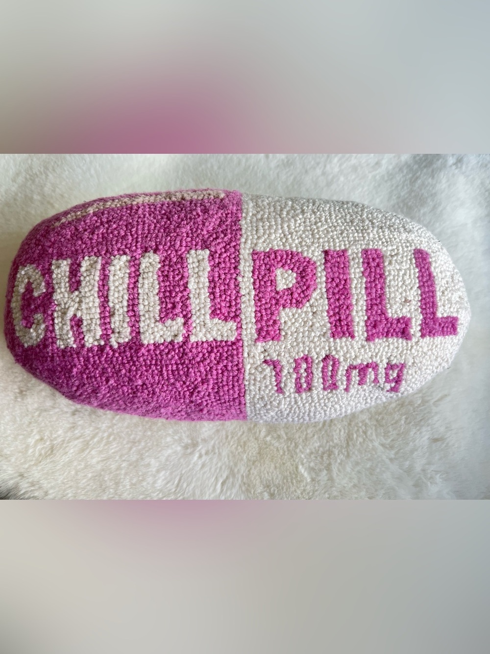Pink “Chill Pill 100mg” Hook Pillow Throw Cushion Capsule Shaped Accent Pillow